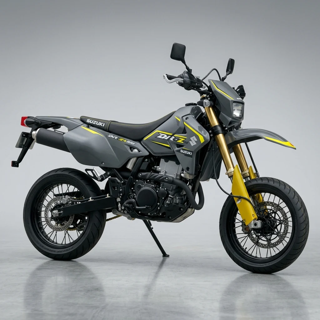 2026 Suzuki DR-Z4SM Supermoto Motorcycle with 17-inch Spoked Wheels and Gold Forks