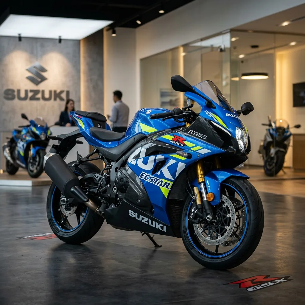 Suzuki GSX-R150 in blue color, right-facing side profile view