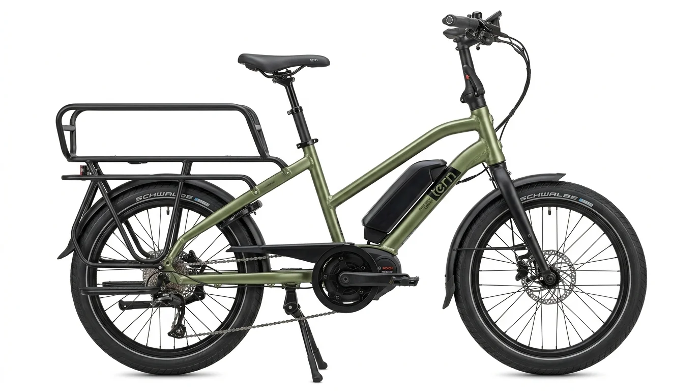 Tern Quick Haul Long D9 electric cargo bike in satin olive green with Bosch Cargo Line mid-drive motor