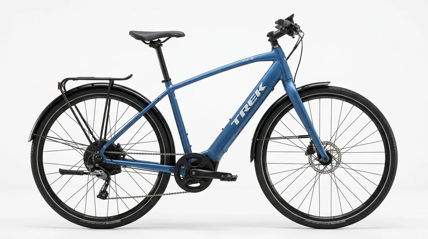 Trek FX+ 2 lightweight electric hybrid commuter bike in satin blue with full fenders and rack