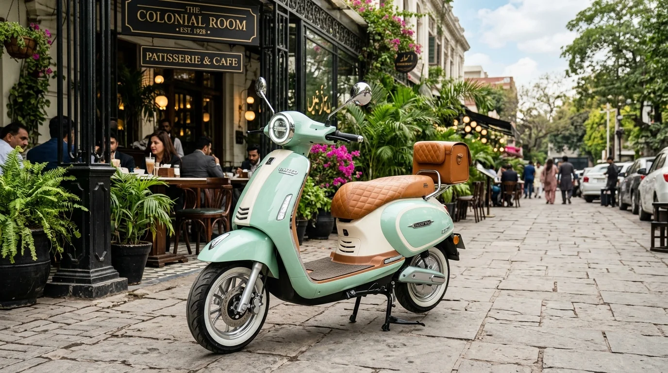 United Classy MAX retro electric scooter in pastel mint green with tan leather seat parked outside a vintage cafe