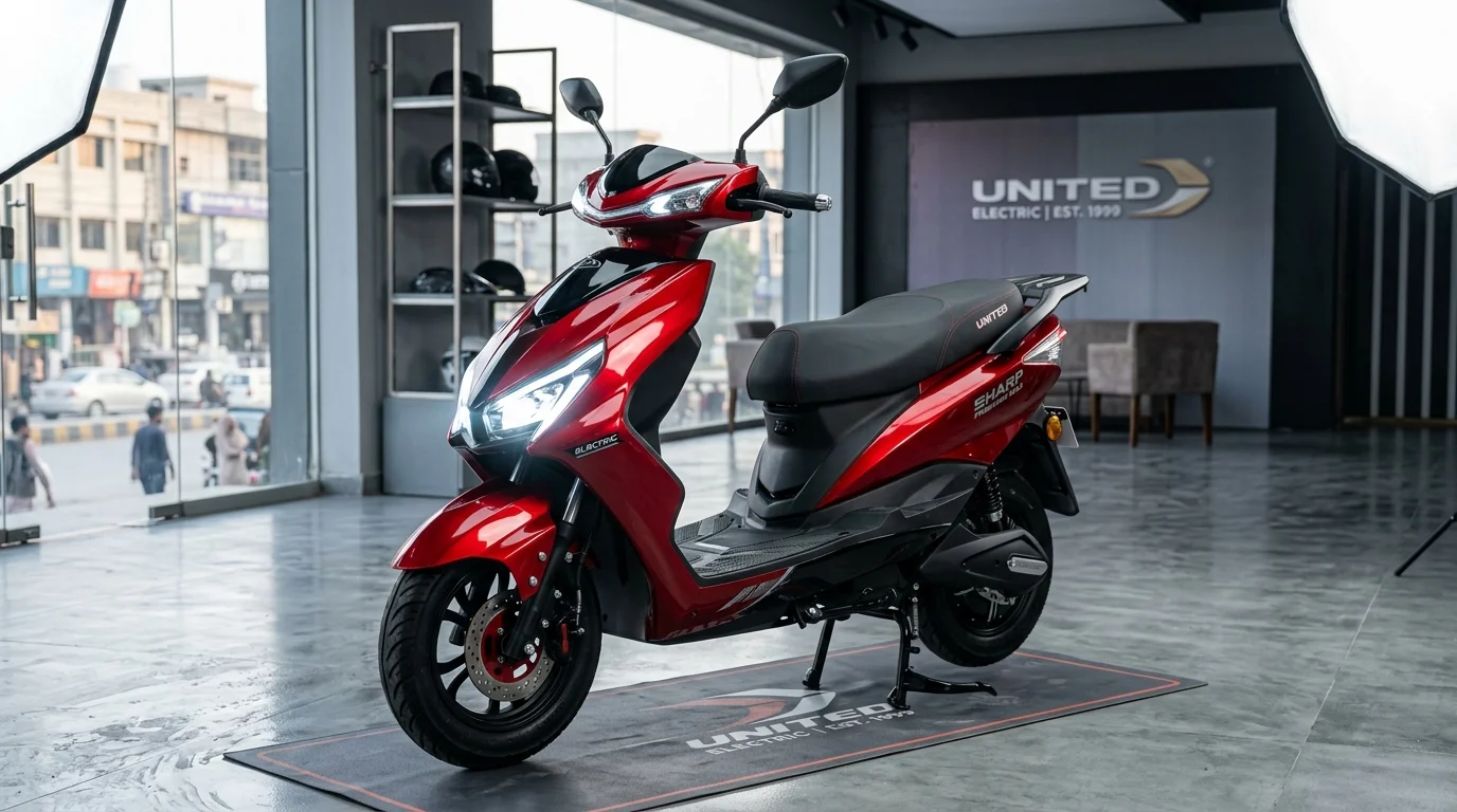 United Sharp Premium Max electric scooter in crimson red and black parked in urban showroom