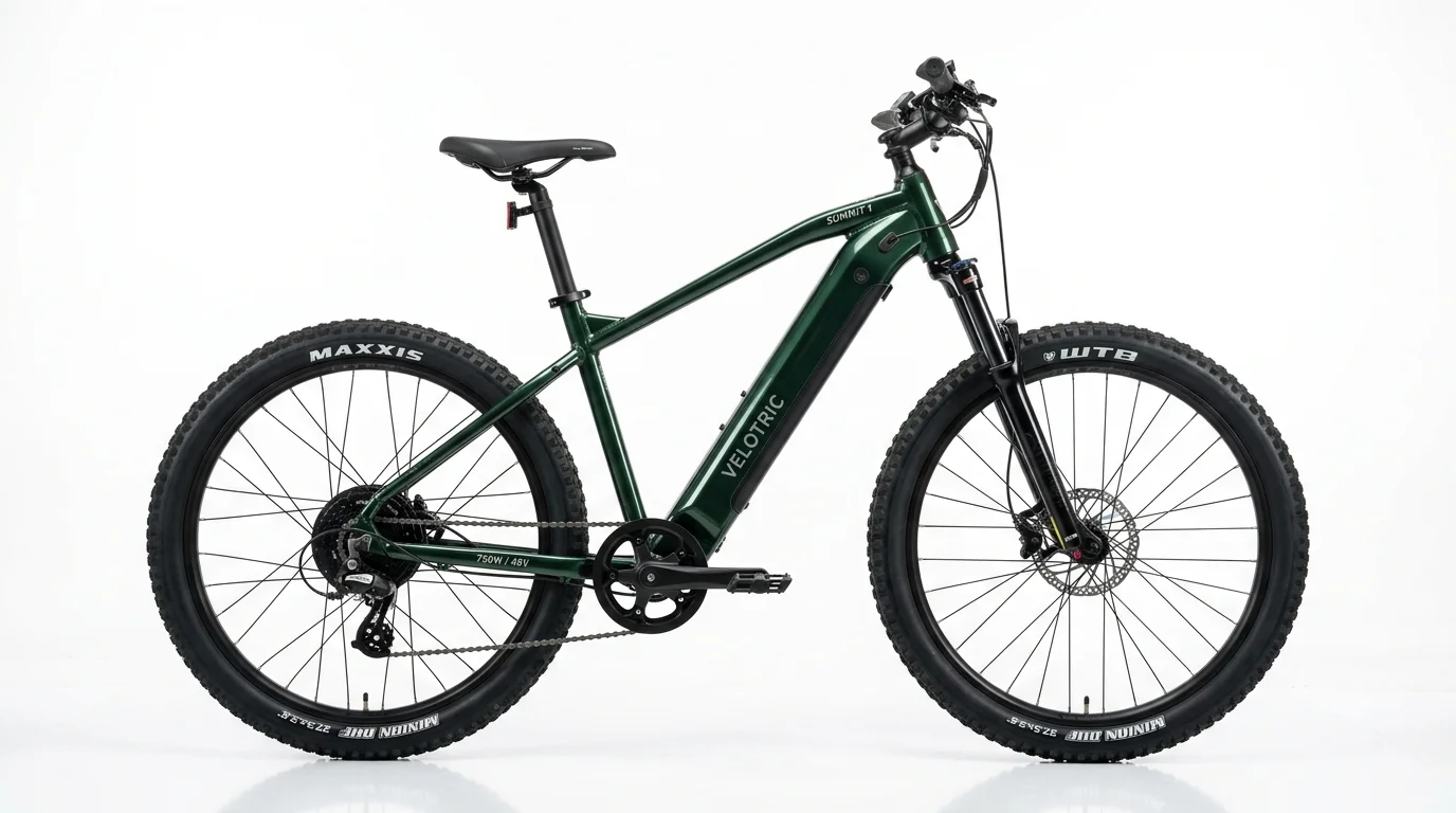 Velotric Summit 1 electric mountain bike in forest green on trail tires with front air suspension