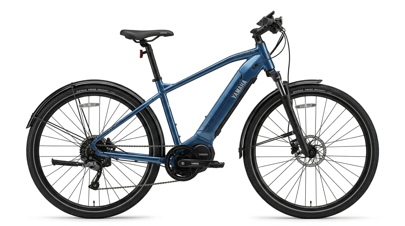 Yamaha CrossCore RC electric commuter bicycle in metallic slate blue with mid-drive motor and front suspension fork