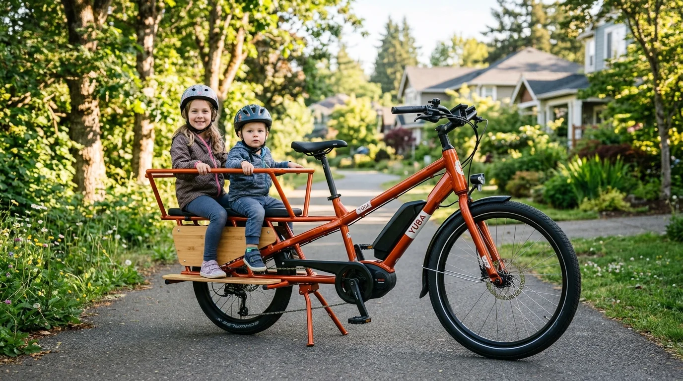 Yuba Spicy Curry longtail electric cargo bike with 20-inch rear wheel, passenger rails, and Bosch mid-drive motor