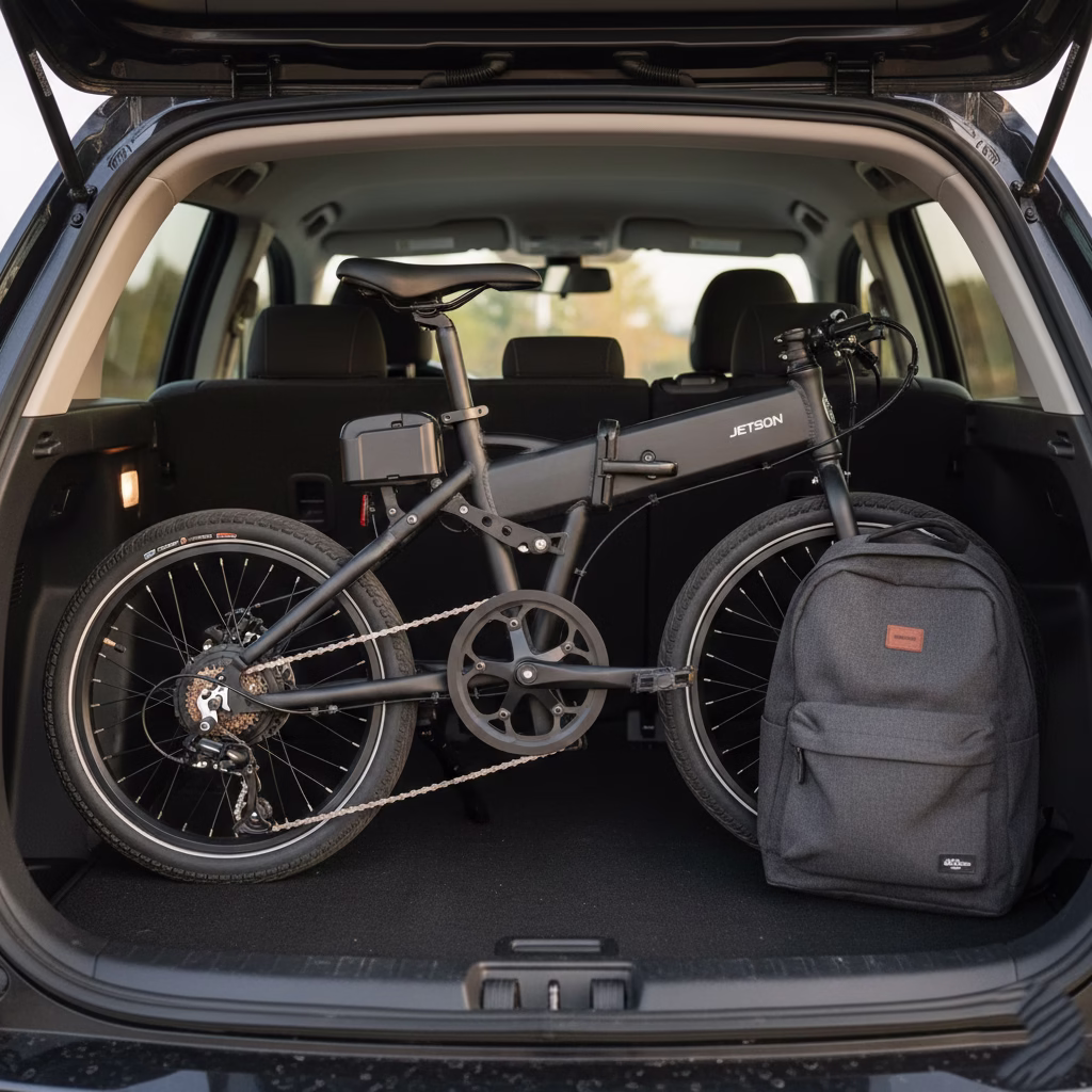 Jetson Electric Bike Review (2026): The Ultimate Compact Commuter Guide folded jetson haze stored in a car trunk, highlighting compactness for this jetson electric bike review