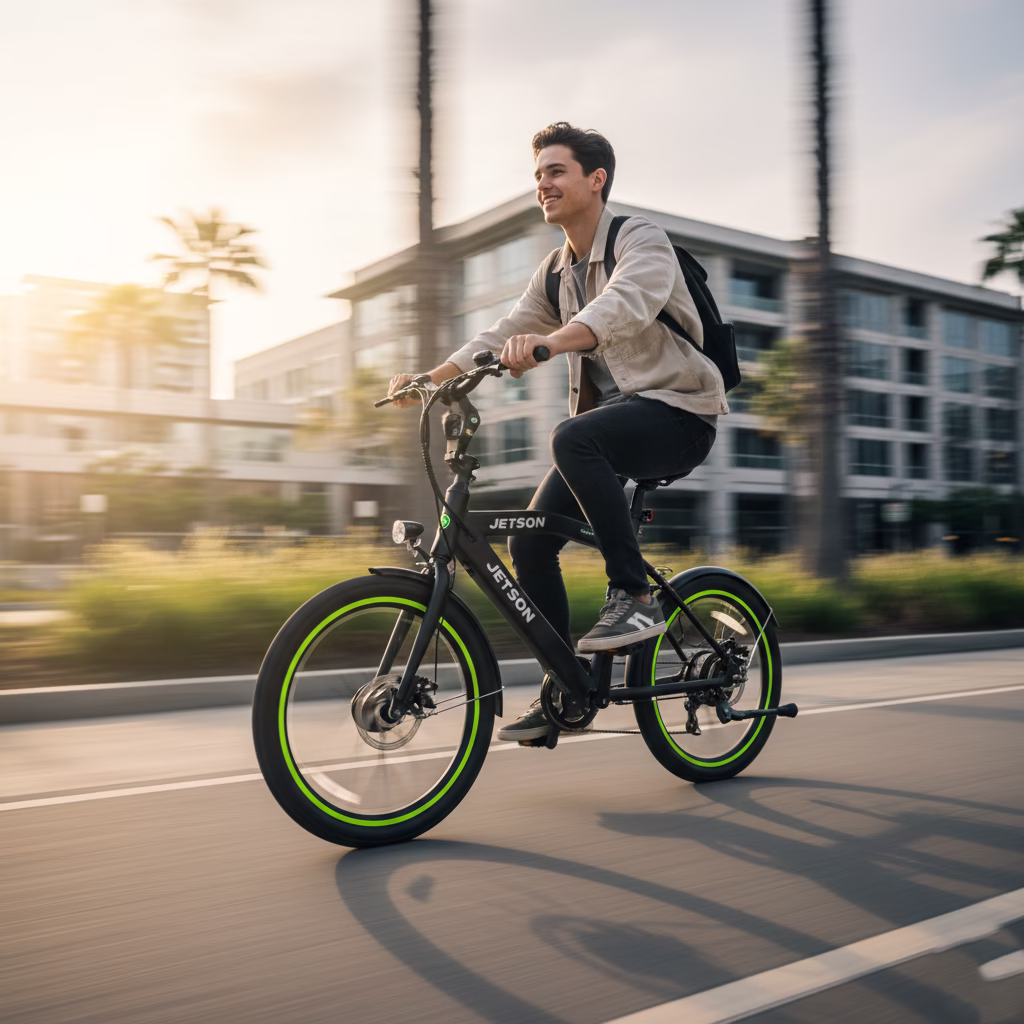 Jetson Electric Bike Review (2026): The Ultimate Compact Commuter Guide rider commuting on a black jetson bolt pro for our 2026 jetson electric bike review