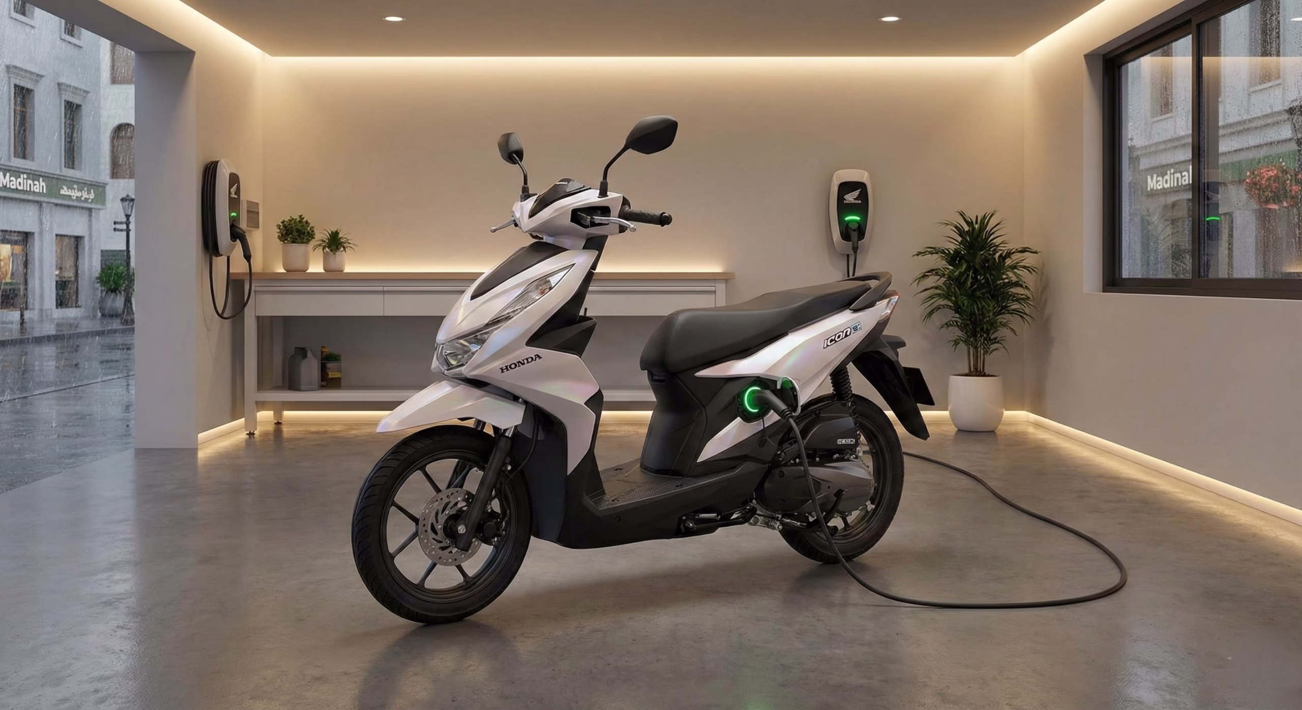 Honda Icon e charging port and flat floorboard storage compartment — practical features of Honda's electric scooter Pakistan