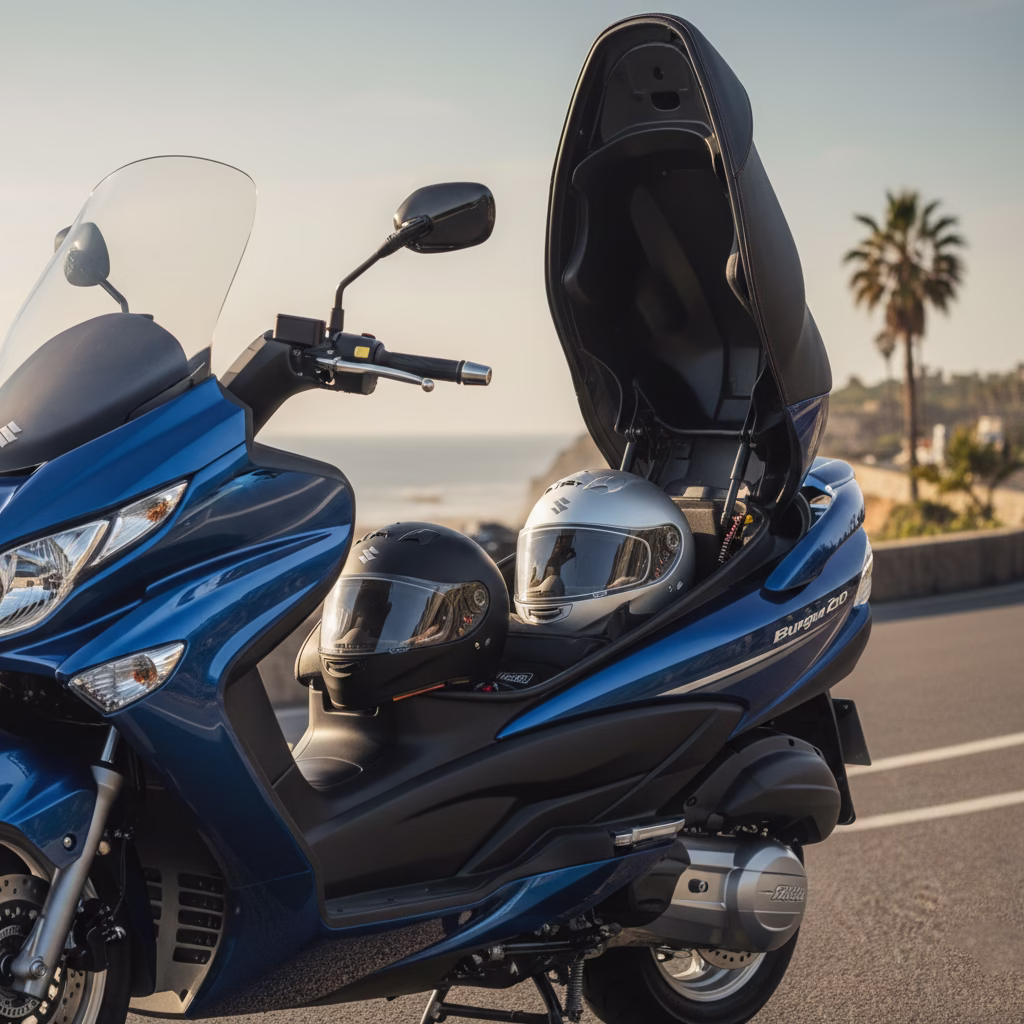 The Ultimate Suzuki Scooters Guide 2026: Burgman 200 vs 400 Suzuki Scooters suzuki burgman 200 under-seat storage capacity holding two helmets