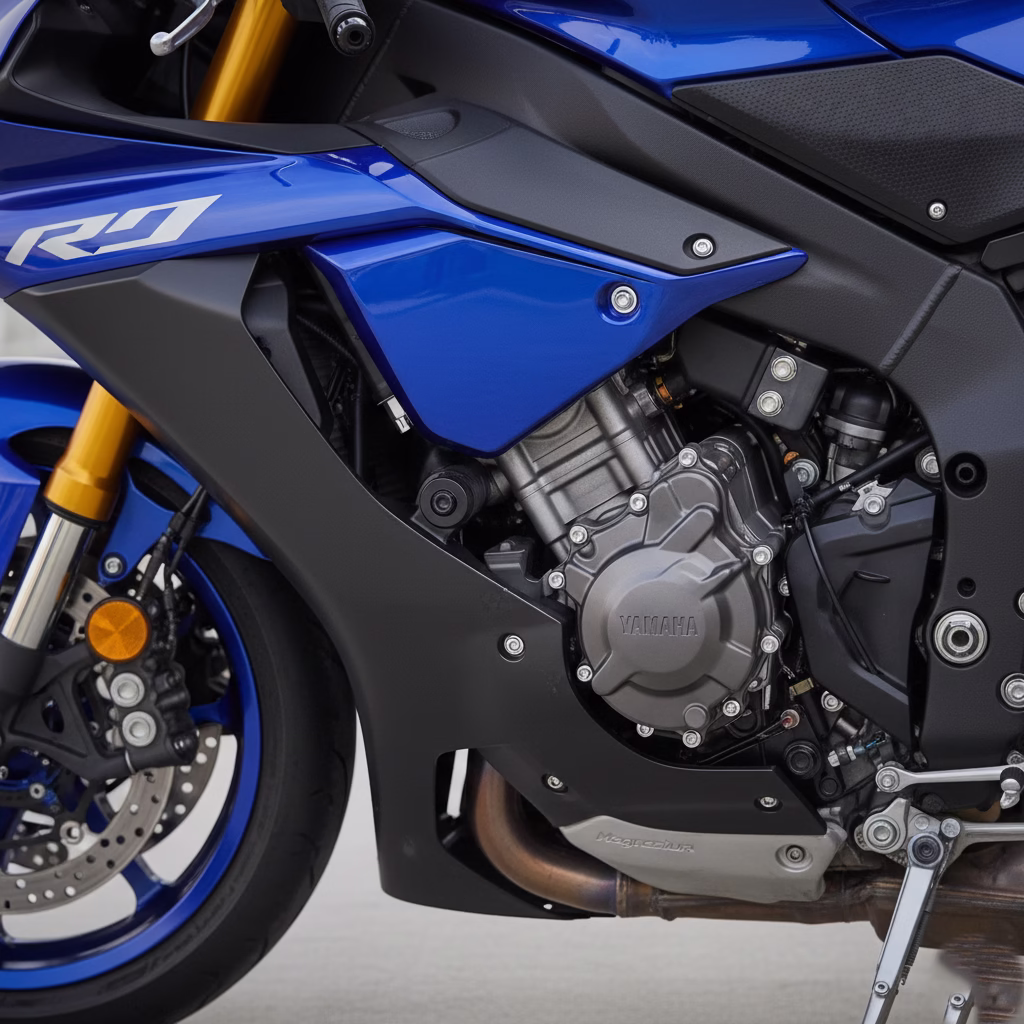 Yamaha YZF-R1 Review 2026: Specs, Top Speed & Price yamaha r1 crossplane cp4 engine casing close up