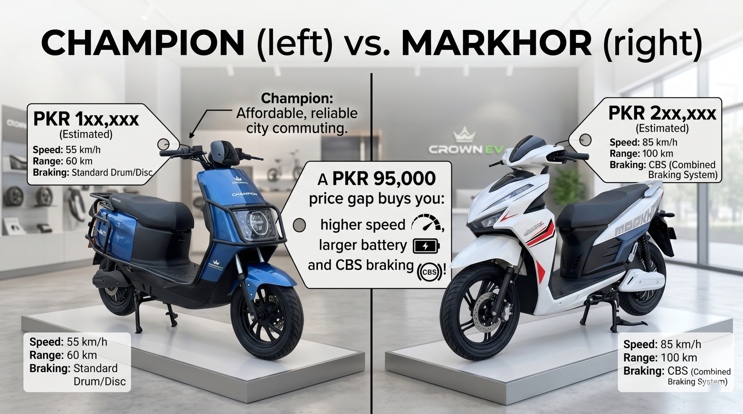 Crown EV Champion vs Markhor Pakistan 2026 — PKR 95,000 price gap showing speed, battery and CBS braking differences between Crown Electric's two main models