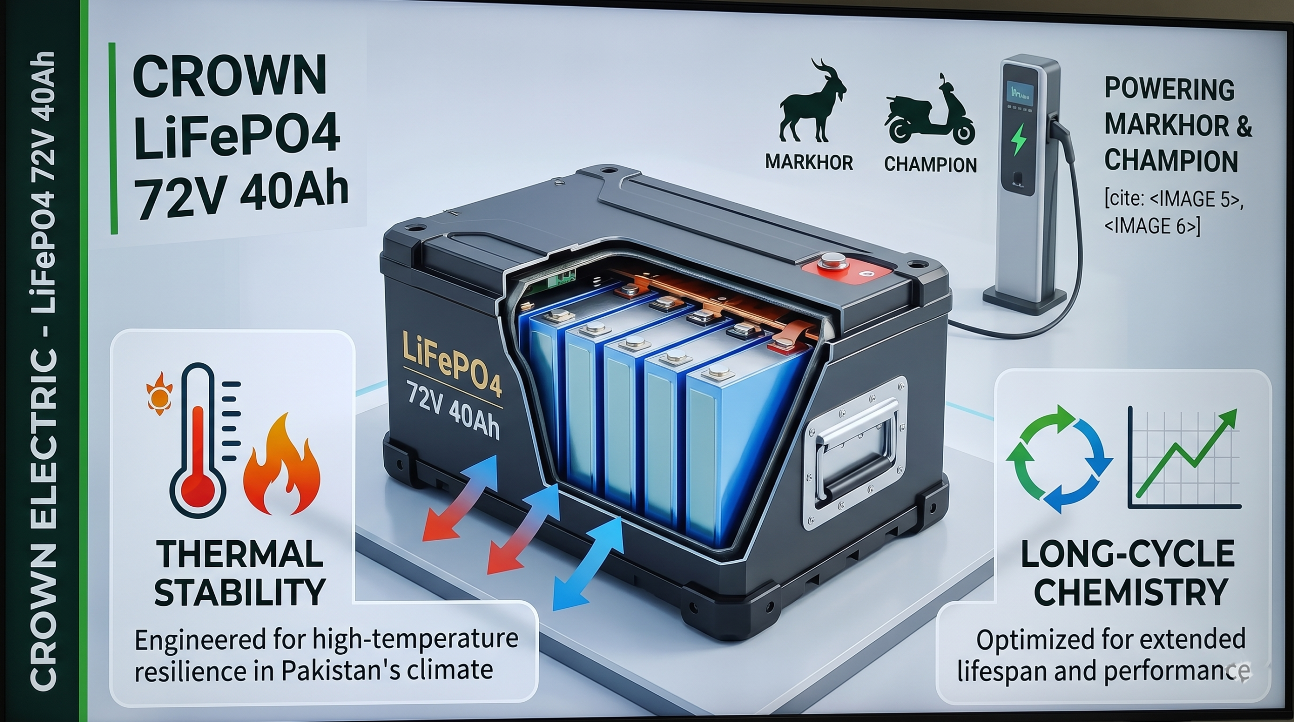 Crown Electric LiFePO4 72V 40Ah battery pack in Markhor and Champion electric bikes — thermal stability for Pakistan 45 degree summer heat