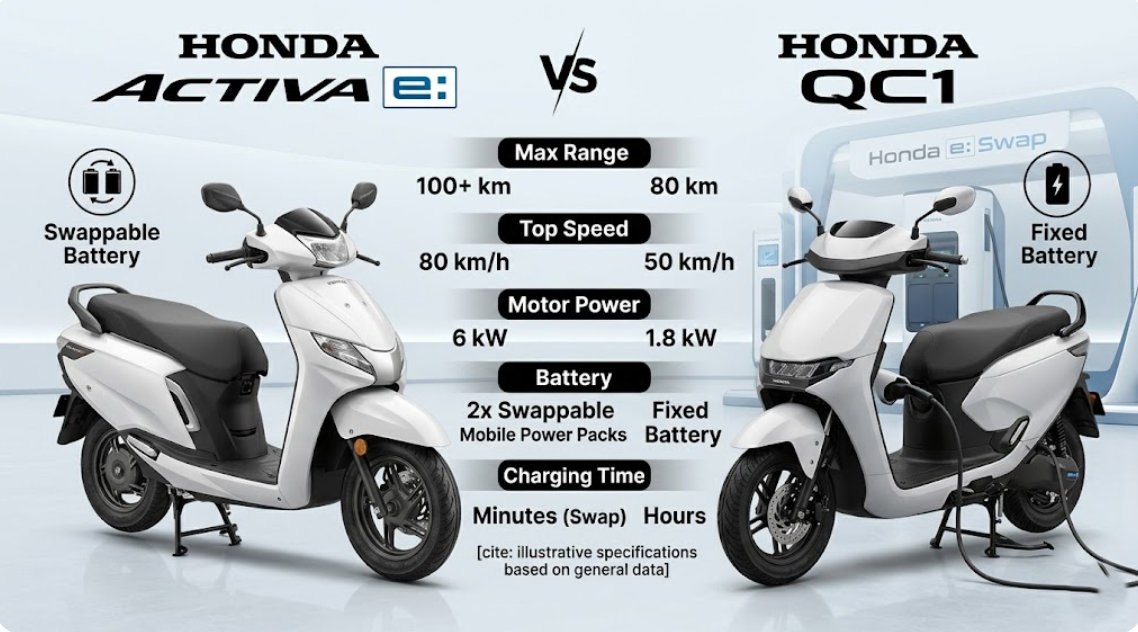Honda Activa e and QC1 electric scooters side by side comparison 2026 India — Honda's first EV two-wheelers with 102km and 80km claimed range respectively, both production paused by mid-2025
